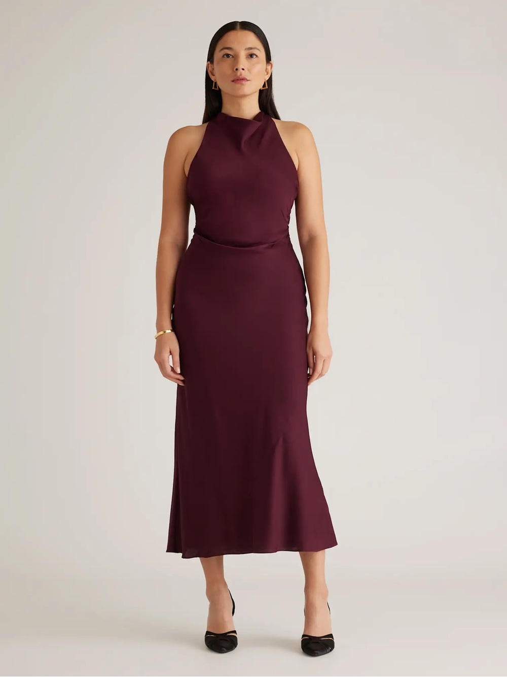 Quince Washable Stretch Silk High Neck Sleeveless Midi Dress Wine Tasting Red S